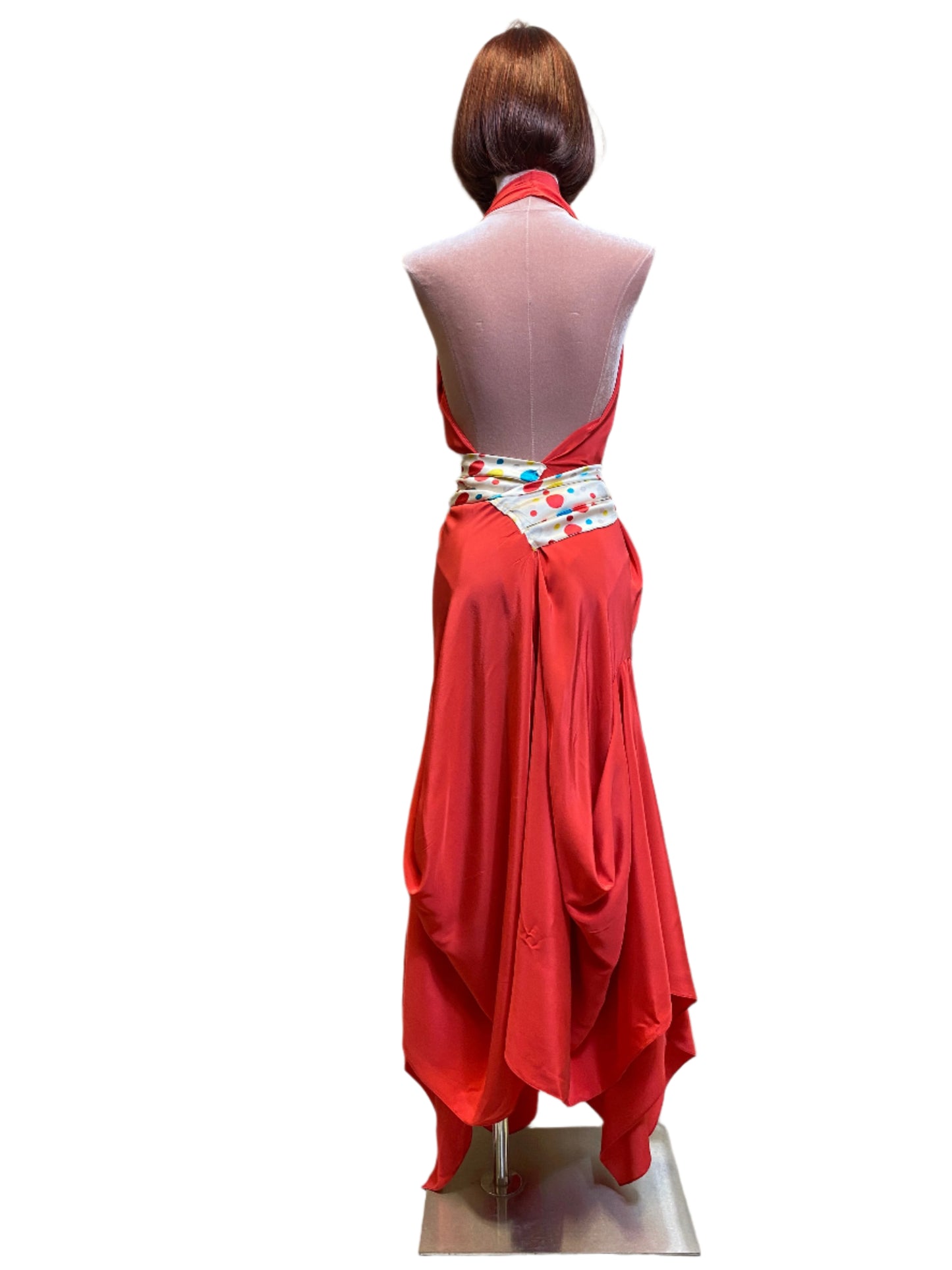 Coral red silk goddess dress with a refined, sophisticated drape& wide sash belt