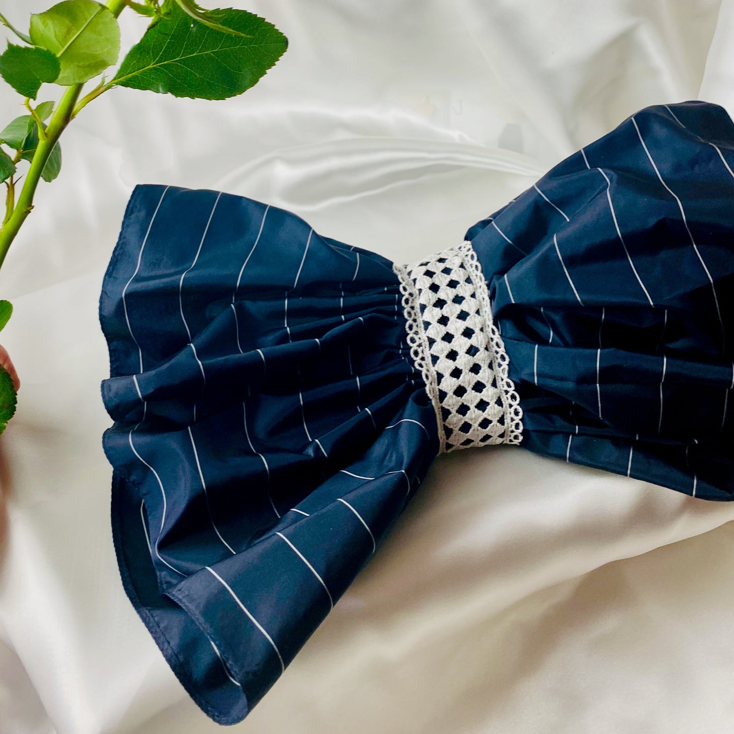 Giant Hair Clip in Navy/White Stripe Silk