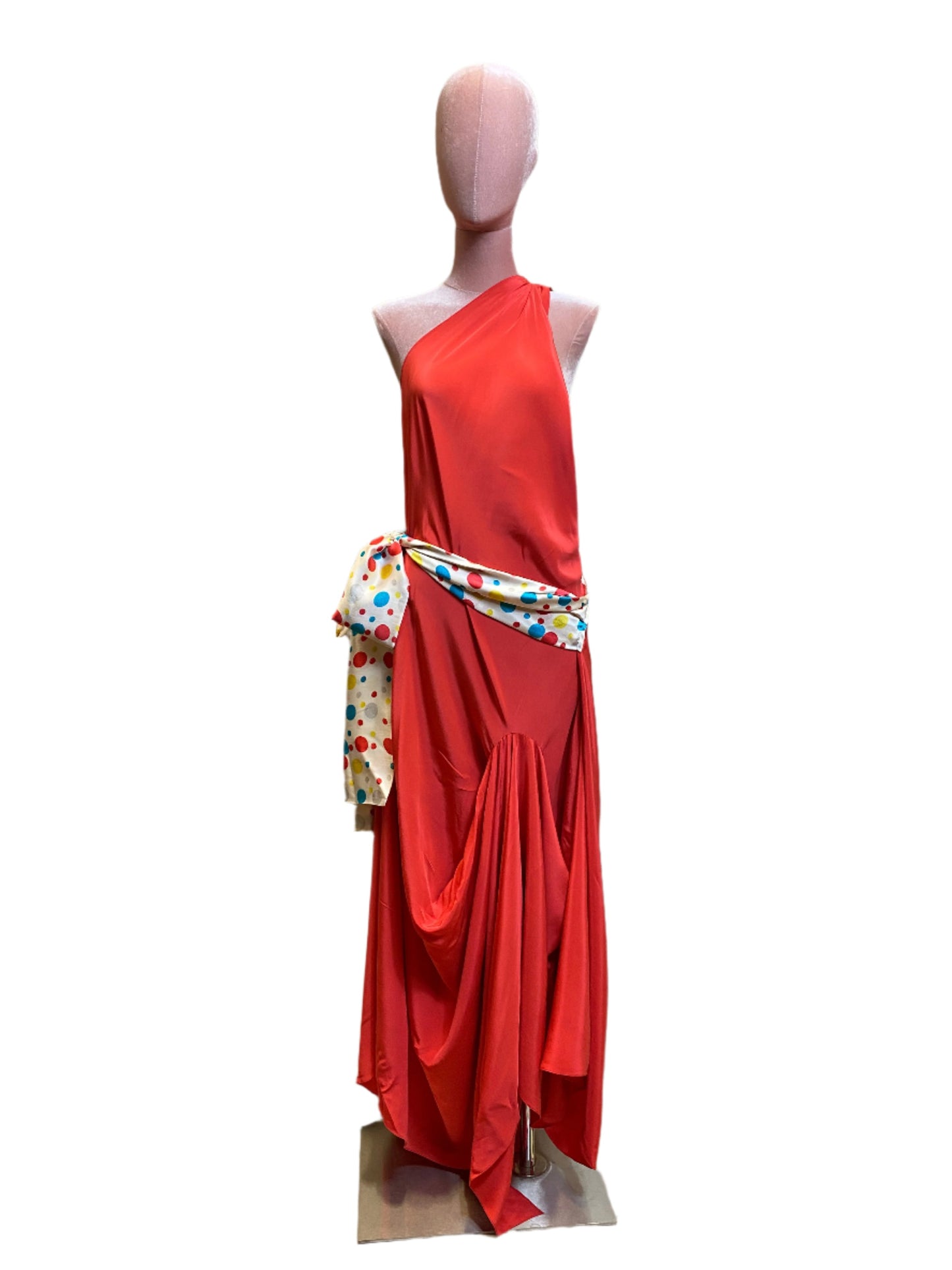 Coral red silk goddess dress with a refined, sophisticated drape& wide sash belt