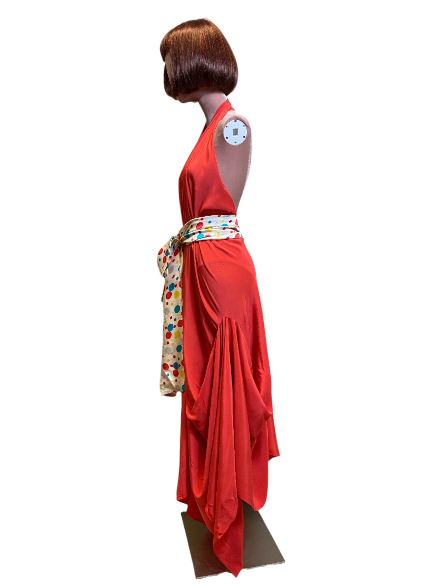 Coral red silk goddess dress with a refined, sophisticated drape& wide sash belt