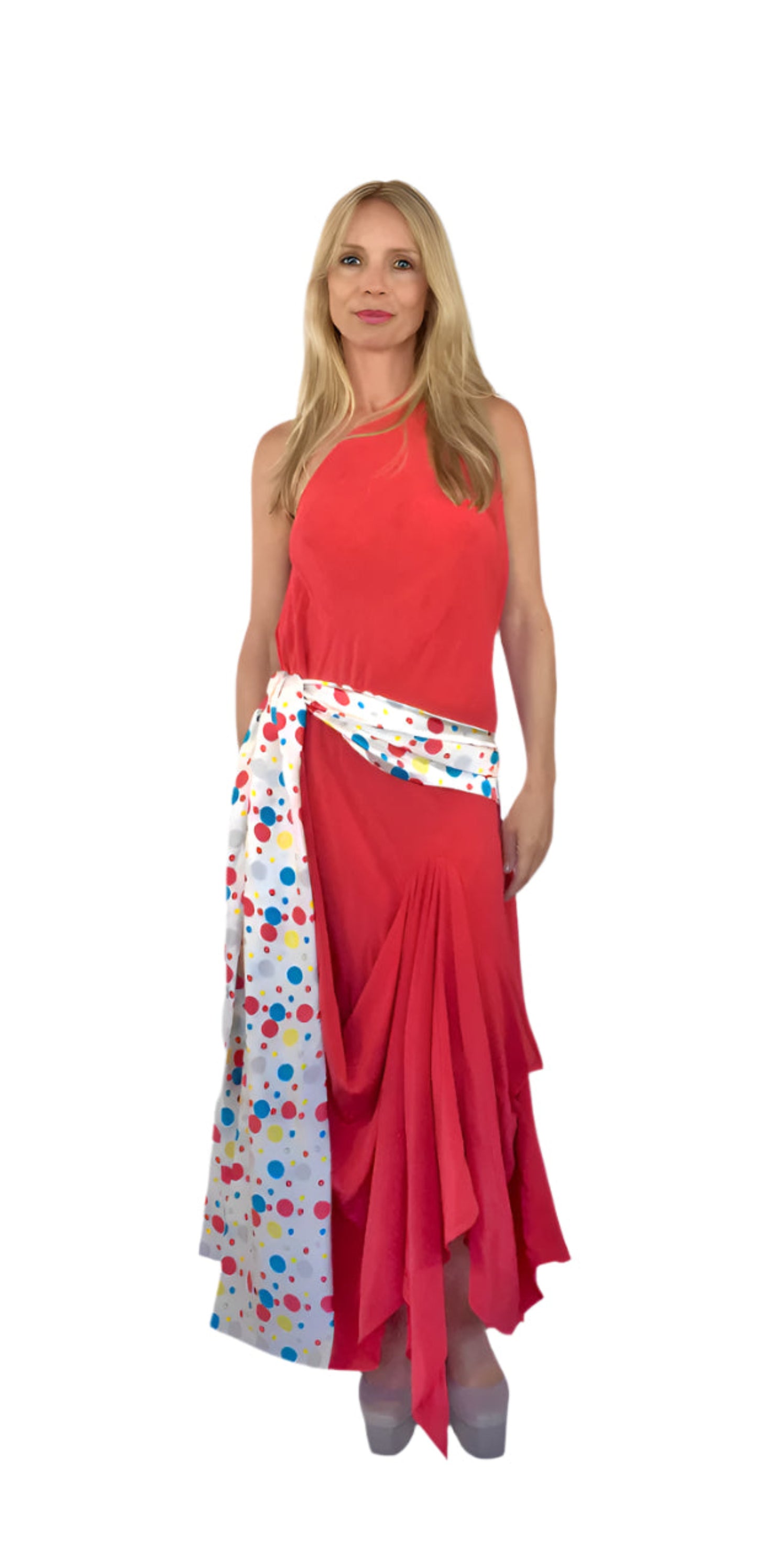 Coral red silk goddess dress with a refined, sophisticated drape& wide sash belt