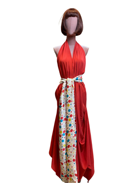 Coral red silk goddess dress with a refined, sophisticated drape& wide sash belt