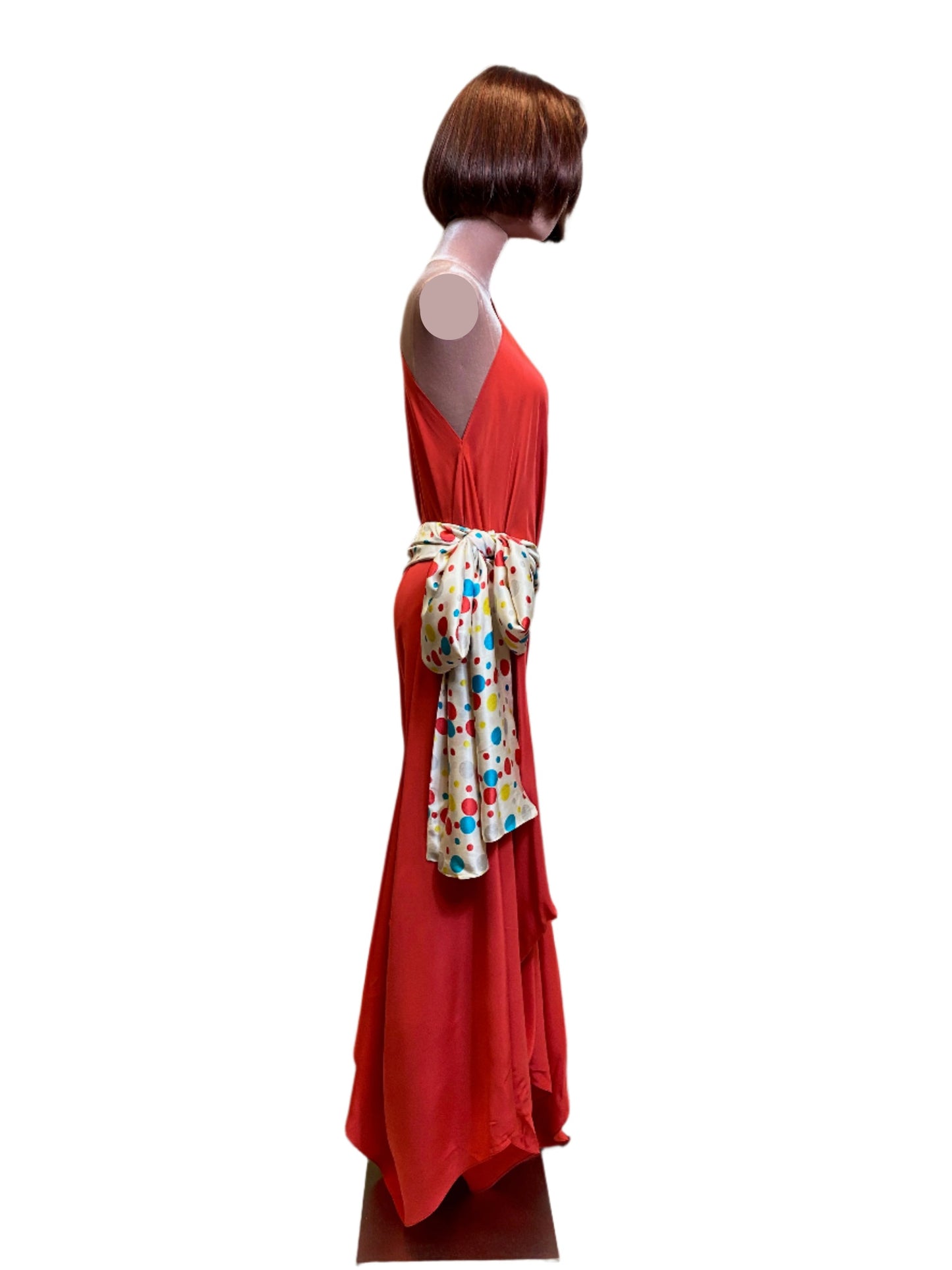 Coral red silk goddess dress with a refined, sophisticated drape& wide sash belt