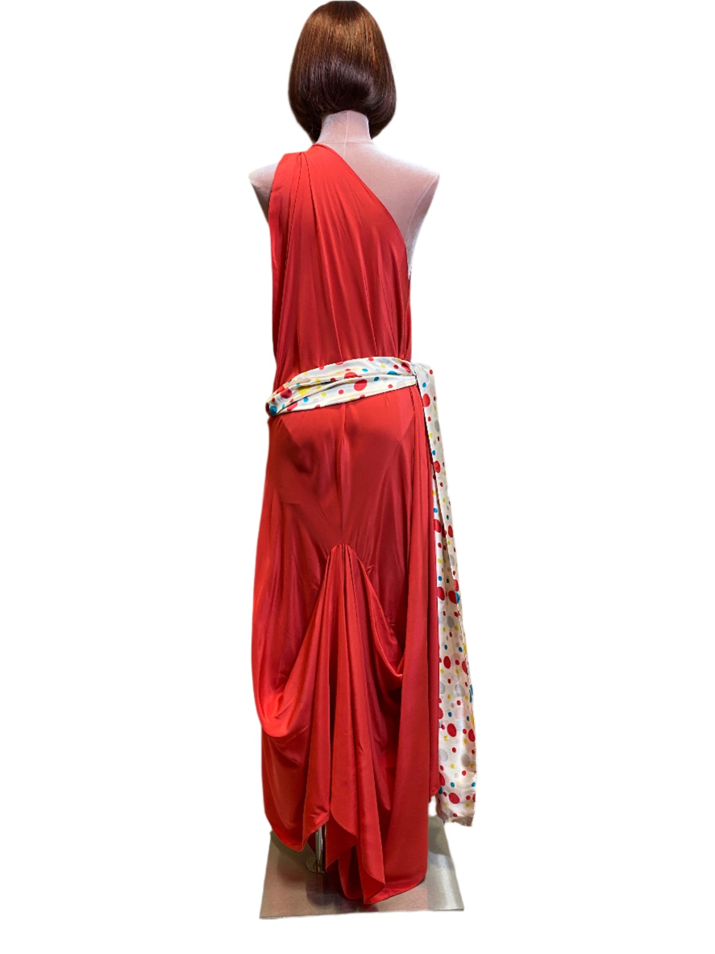 Coral red silk goddess dress with a refined, sophisticated drape& wide sash belt