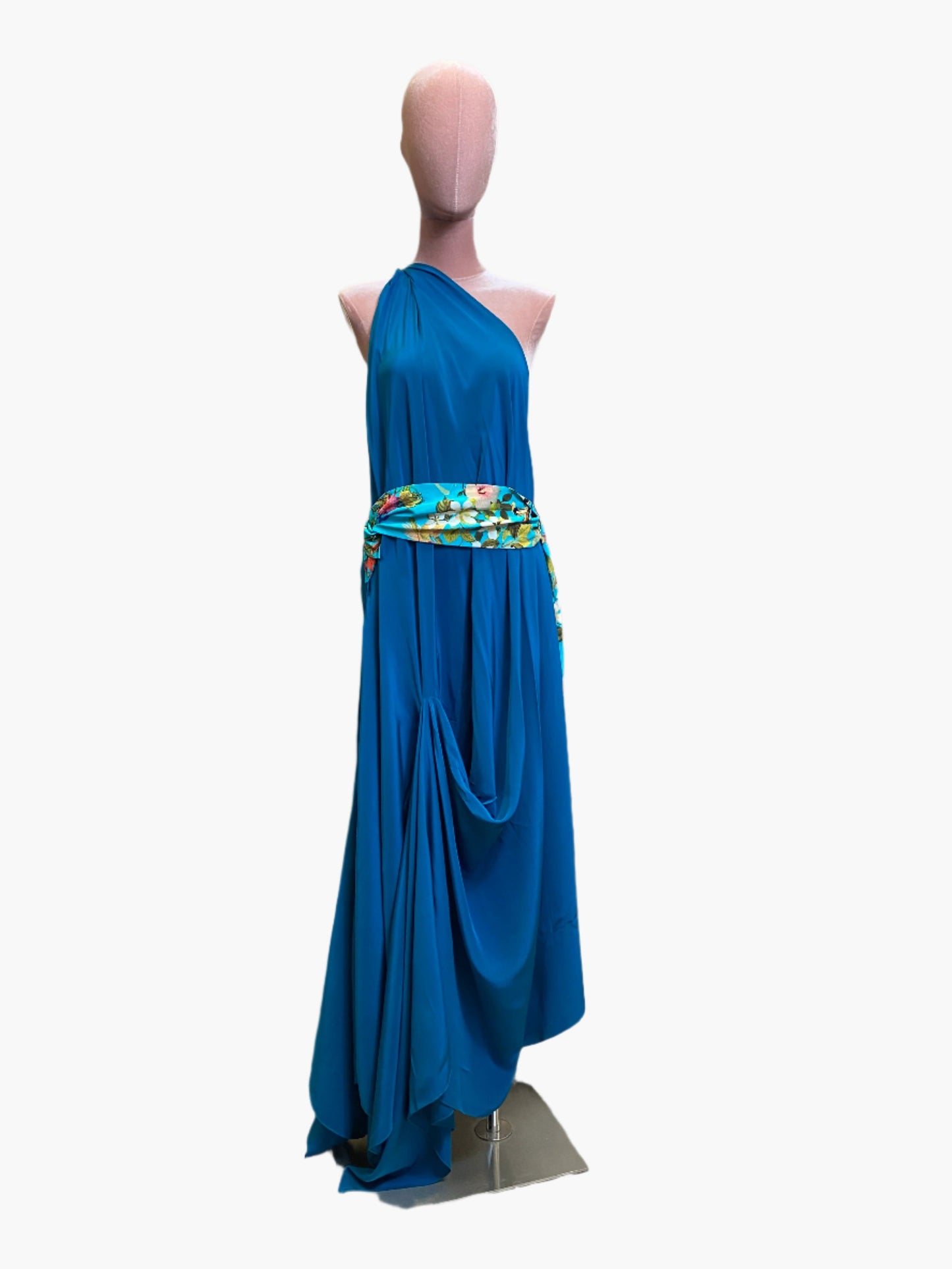 Elegant turquoise silk goddess dress with flowing drape and flattering silhouette.Wide attached multicoloured sash belt.