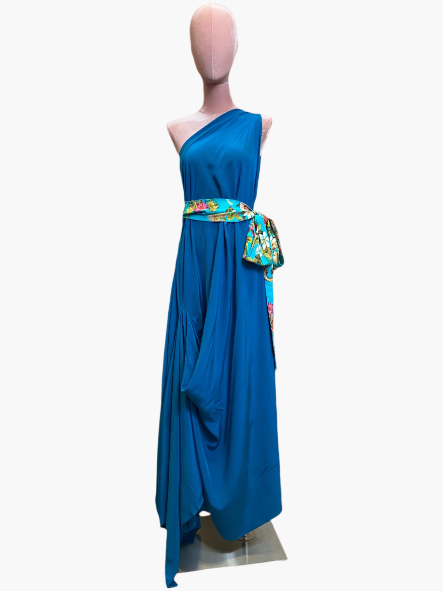 Elegant turquoise silk goddess dress with flowing drape and flattering silhouette.Wide attached multicoloured sash belt.One size.