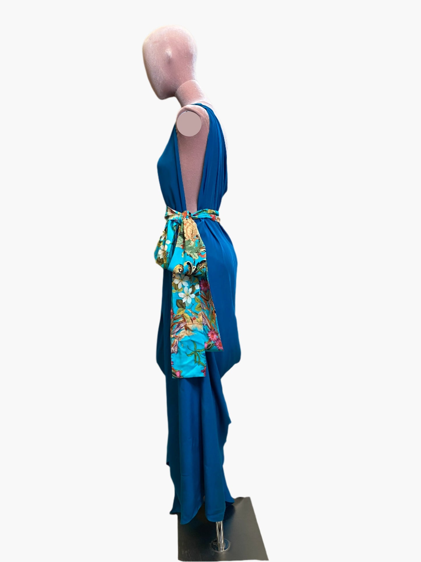 Elegant turquoise silk goddess dress with flowing drape and flattering silhouette.Wide attached multicoloured sash belt.