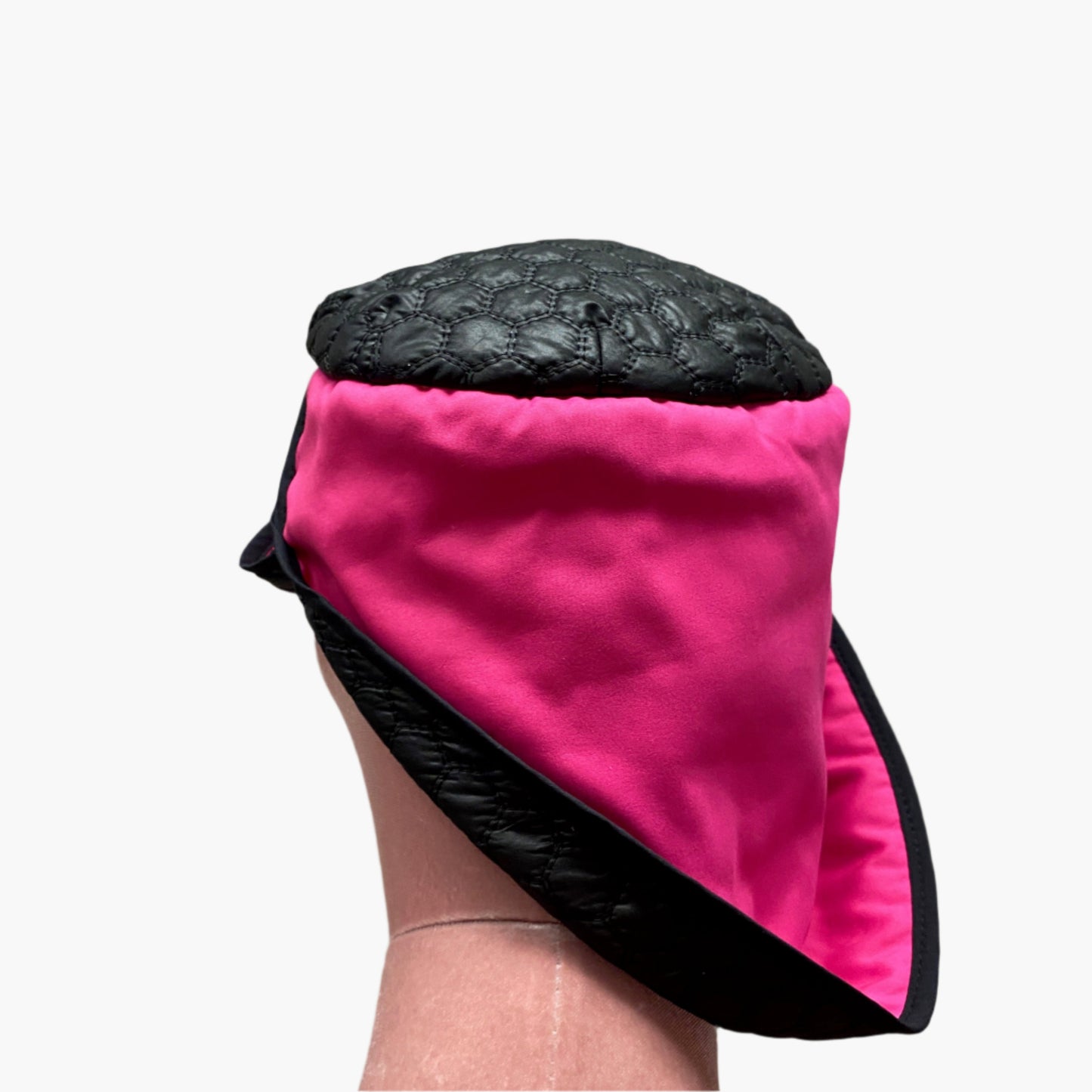 Handmade vintage-style,in mix fibres hot pink and black fabric,with structured brim and elegant trim, perfect for classic and timeless fashion.