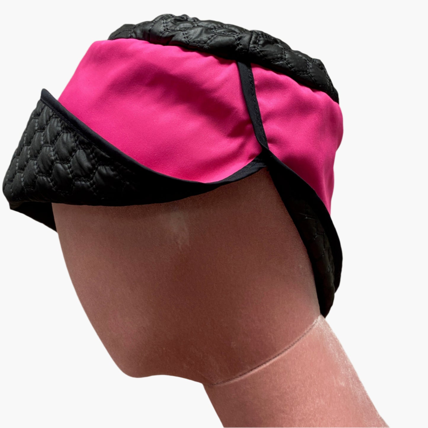 Handmade vintage-style,in mix fibres hot pink and black fabric,with structured brim and elegant trim, perfect for classic and timeless fashion.