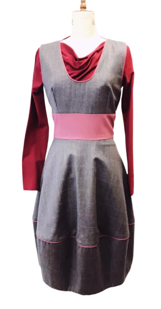Pinafore Dress in Check Gray / Pink Wool,Bubble Style Work Dress