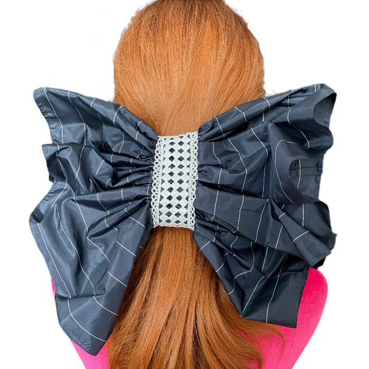 Giant Hair Clip in Navy/White Stripe Silk 