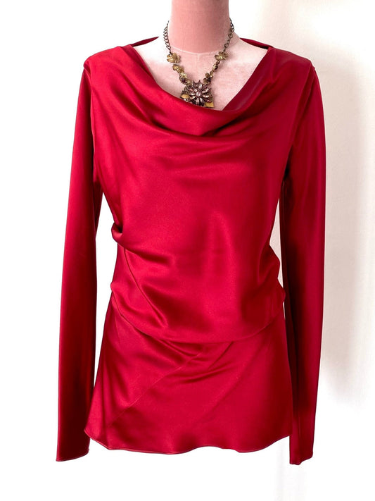Silk Double crape satin Blouse <Party Blouse , Red blouse , Drape neckline blouse