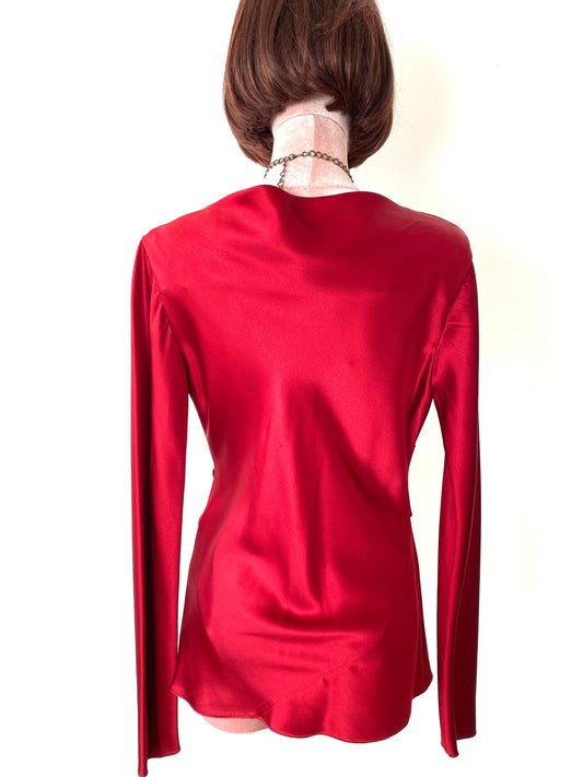 Silk Double crape satin Blouse <Party Blouse , Red blouse , Drape neckline blouse