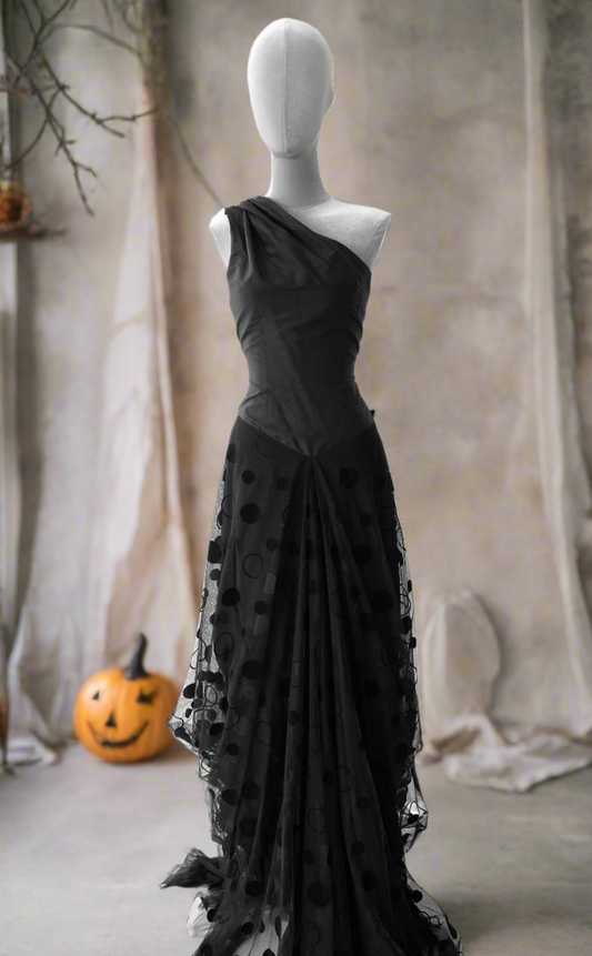 One shoulder  Silk & Netting long Dress.Haloween Dress