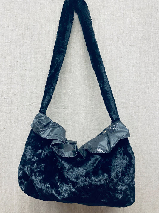 Fabric Sholder bag.Black fur Bag.