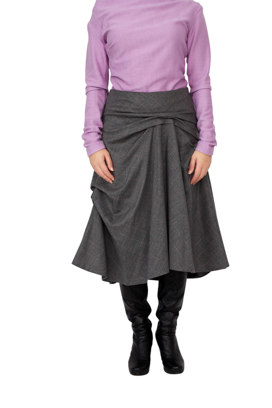 Flamenco Style Skirt in Gray /Pink Check wool /cashmire blend