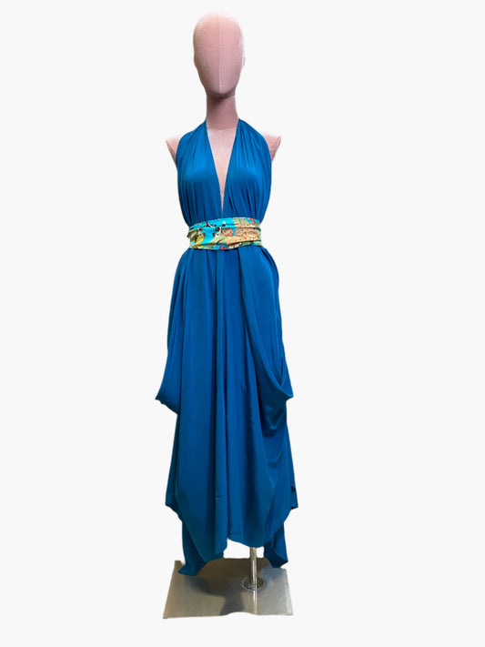 Elegant turquoise silk goddess dress with flowing drape and flattering silhouette.Wide attached multicoloured sash belt. 