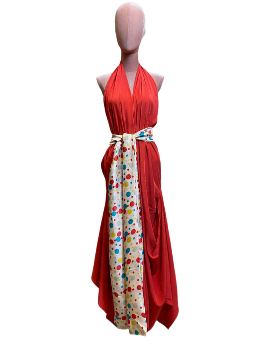 Coral  red silk goddess dress with a refined, sophisticated drape& wide sash belt 