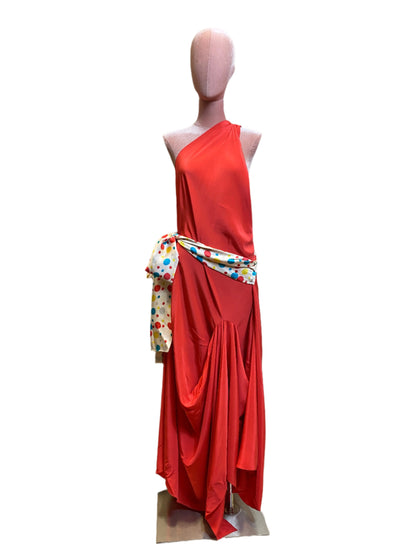 Coral  red silk goddess dress with a refined, sophisticated drape& wide sash belt 