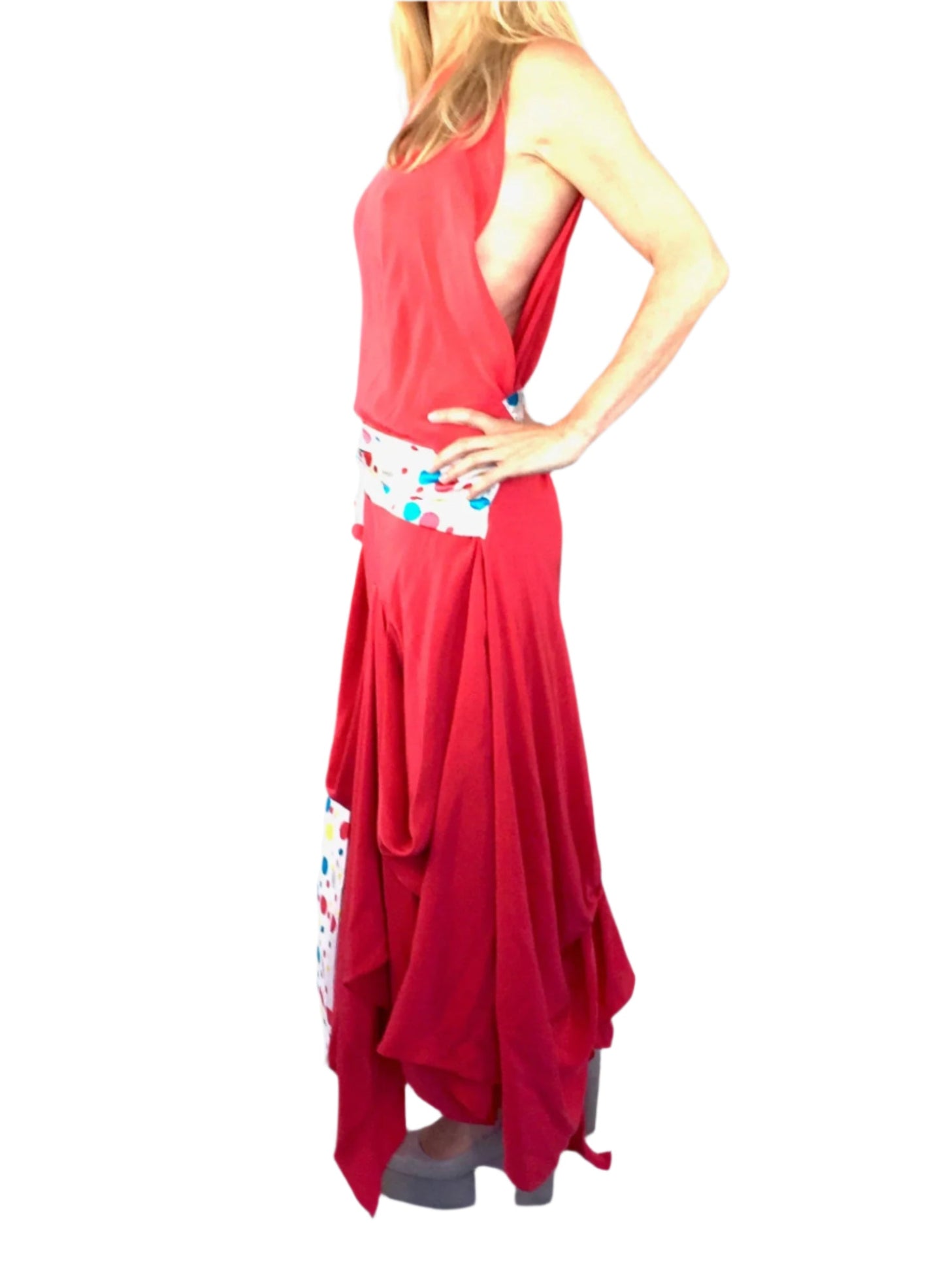 Coral  red silk goddess dress with a refined, sophisticated drape& wide sash belt 