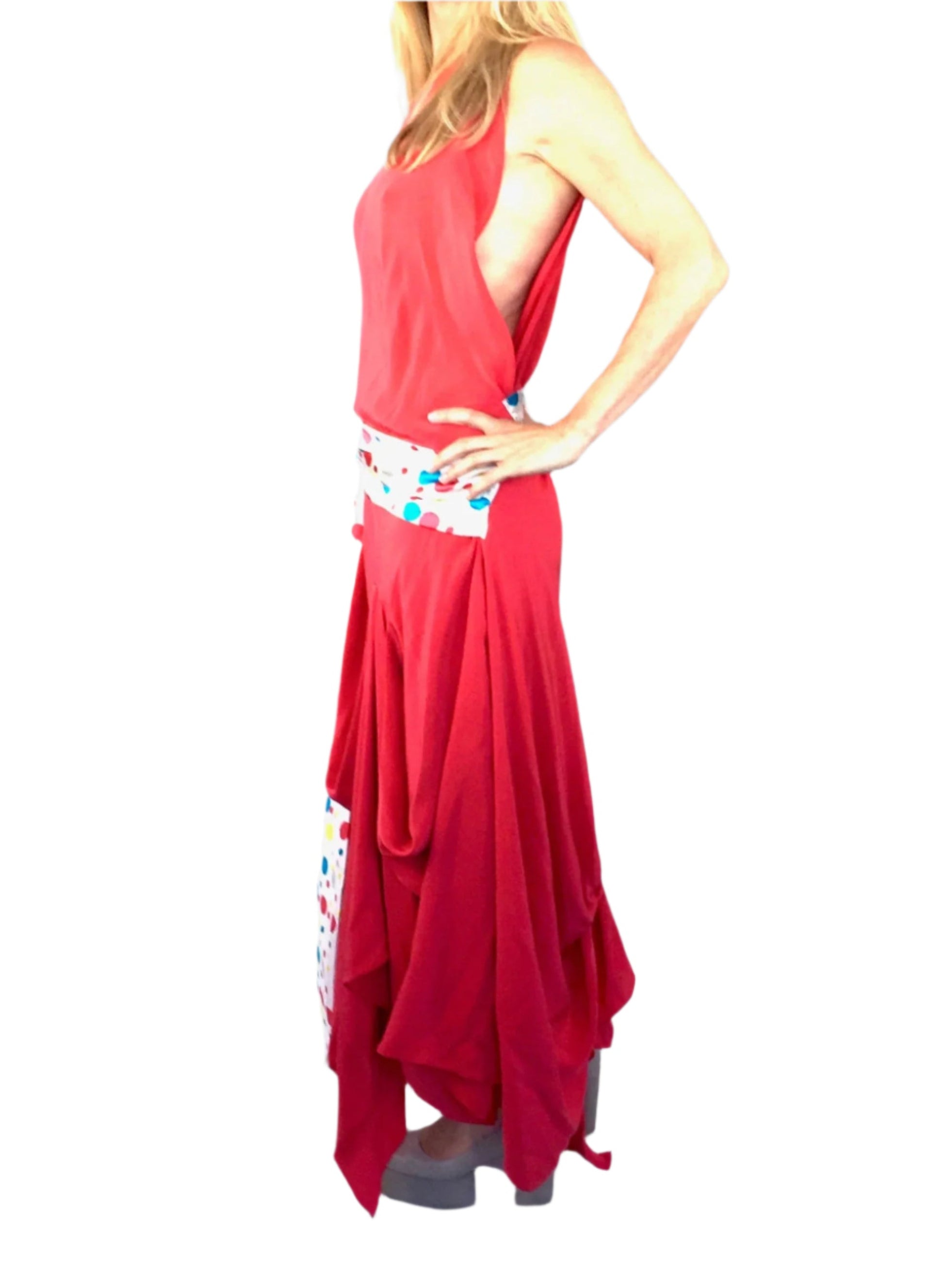 Coral  red silk goddess dress with a refined, sophisticated drape& wide sash belt 