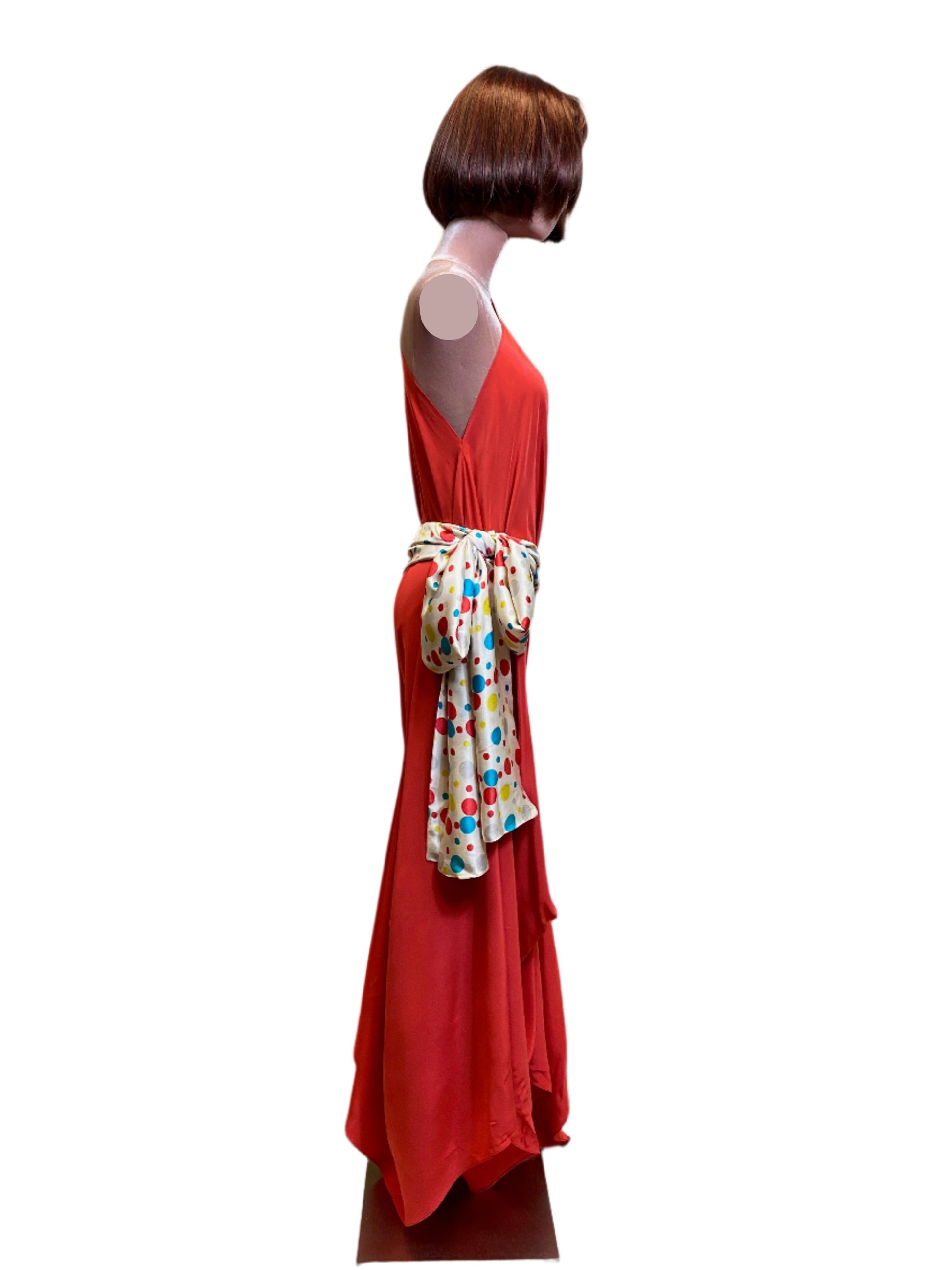 Coral  red silk goddess dress with a refined, sophisticated drape& wide sash belt 
