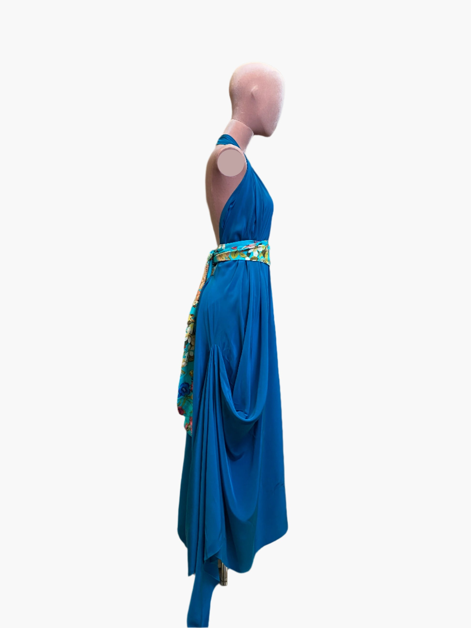 Elegant turquoise silk goddess dress with flowing drape and flattering silhouette.Wide attached multicoloured sash belt. 