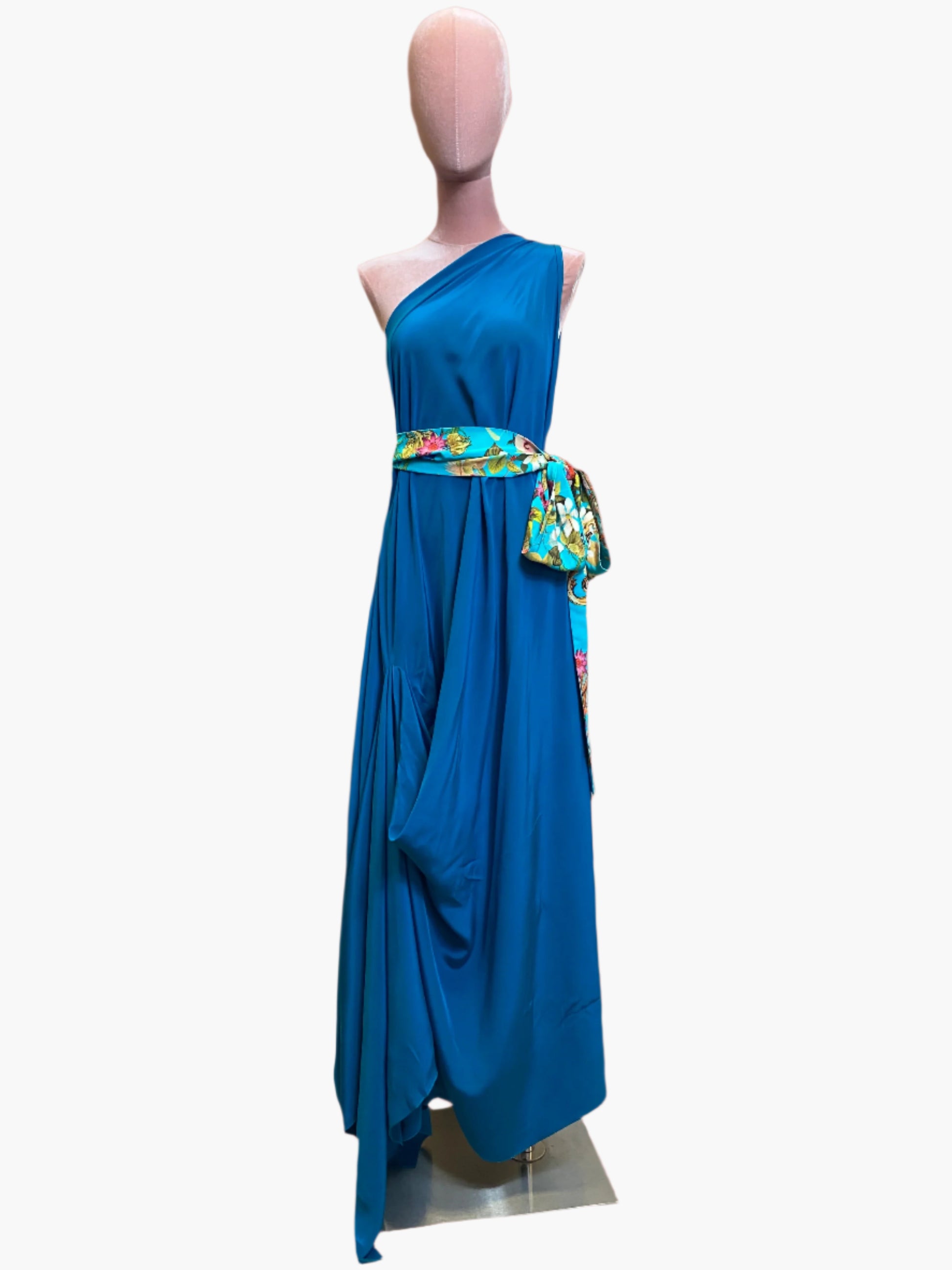 Elegant turquoise silk goddess dress with flowing drape and flattering silhouette.Wide attached multicoloured sash belt.One size.
