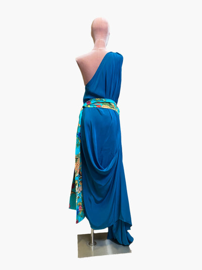 Elegant turquoise silk goddess dress with flowing drape and flattering silhouette.Wide attached multicoloured sash belt. 