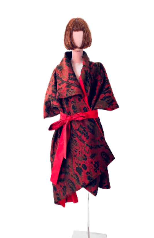 Kimono Style Couture Coat in red and black fabric. Silk Taffeta Lining 