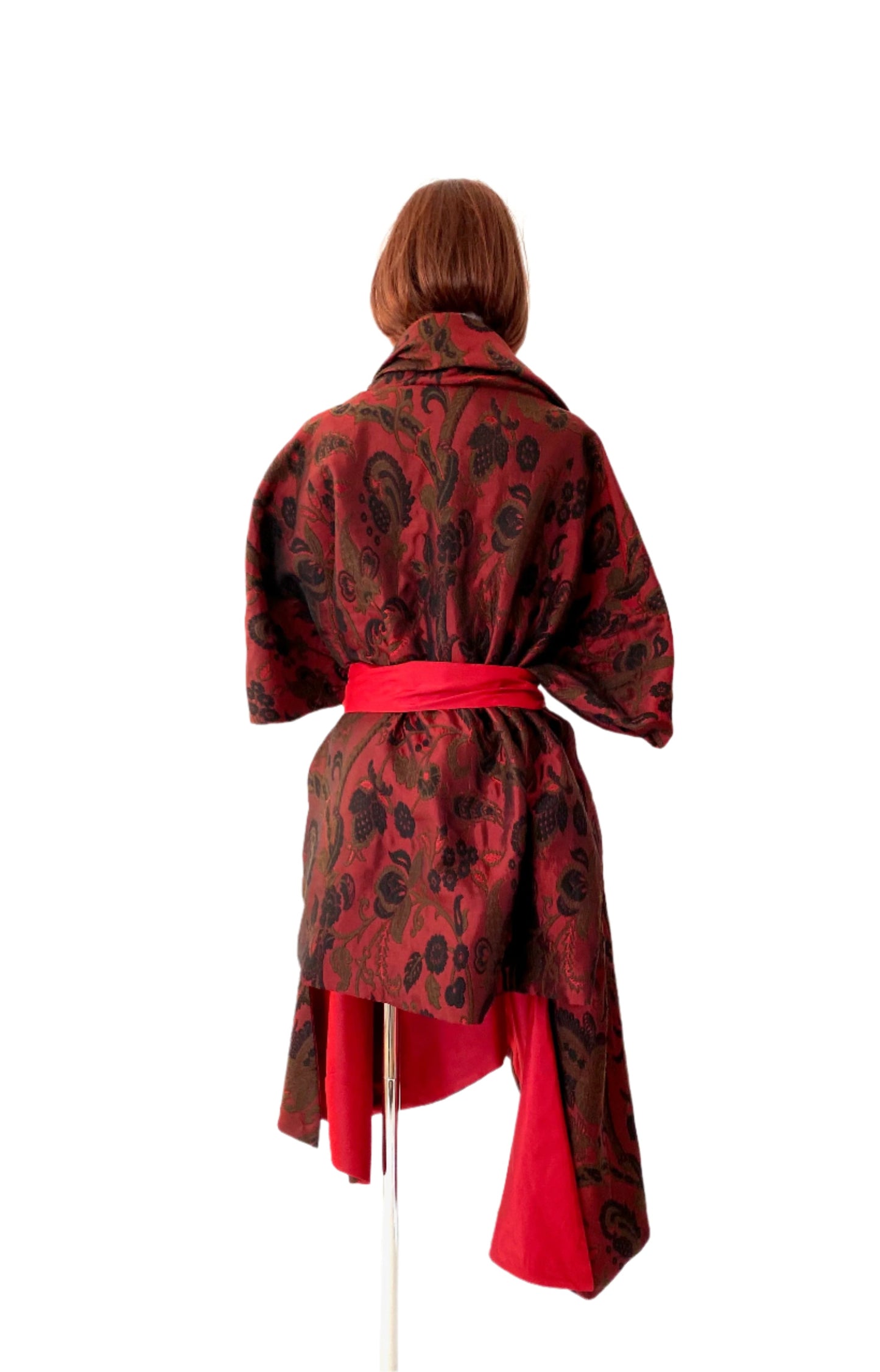 Kimono Style Couture Coat in red and black fabric. Silk Taffeta Lining 