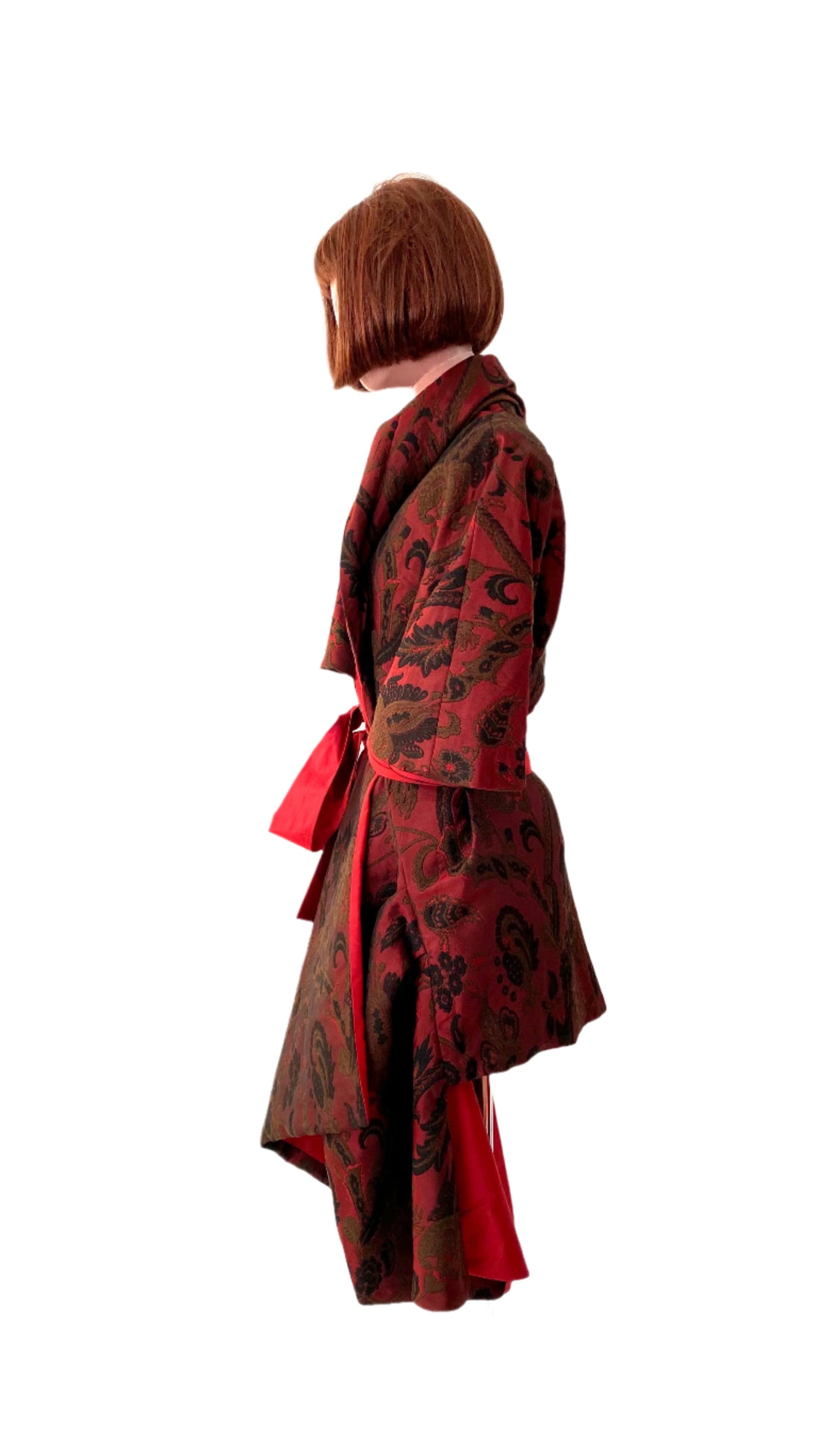 Kimono Style Couture Coat in red and black fabric. Silk Taffeta Lining 