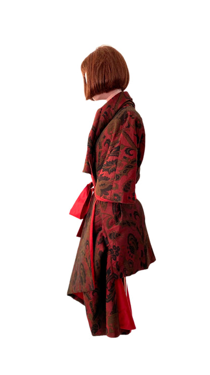 Kimono Style Couture Coat in red and black fabric. Silk Taffeta Lining 