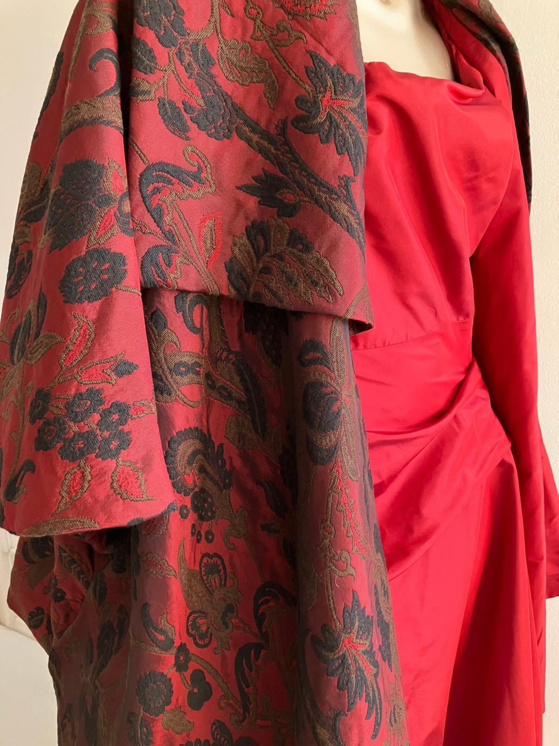 Kimono Style Couture Coat in red and black fabric. Silk Taffeta Lining 