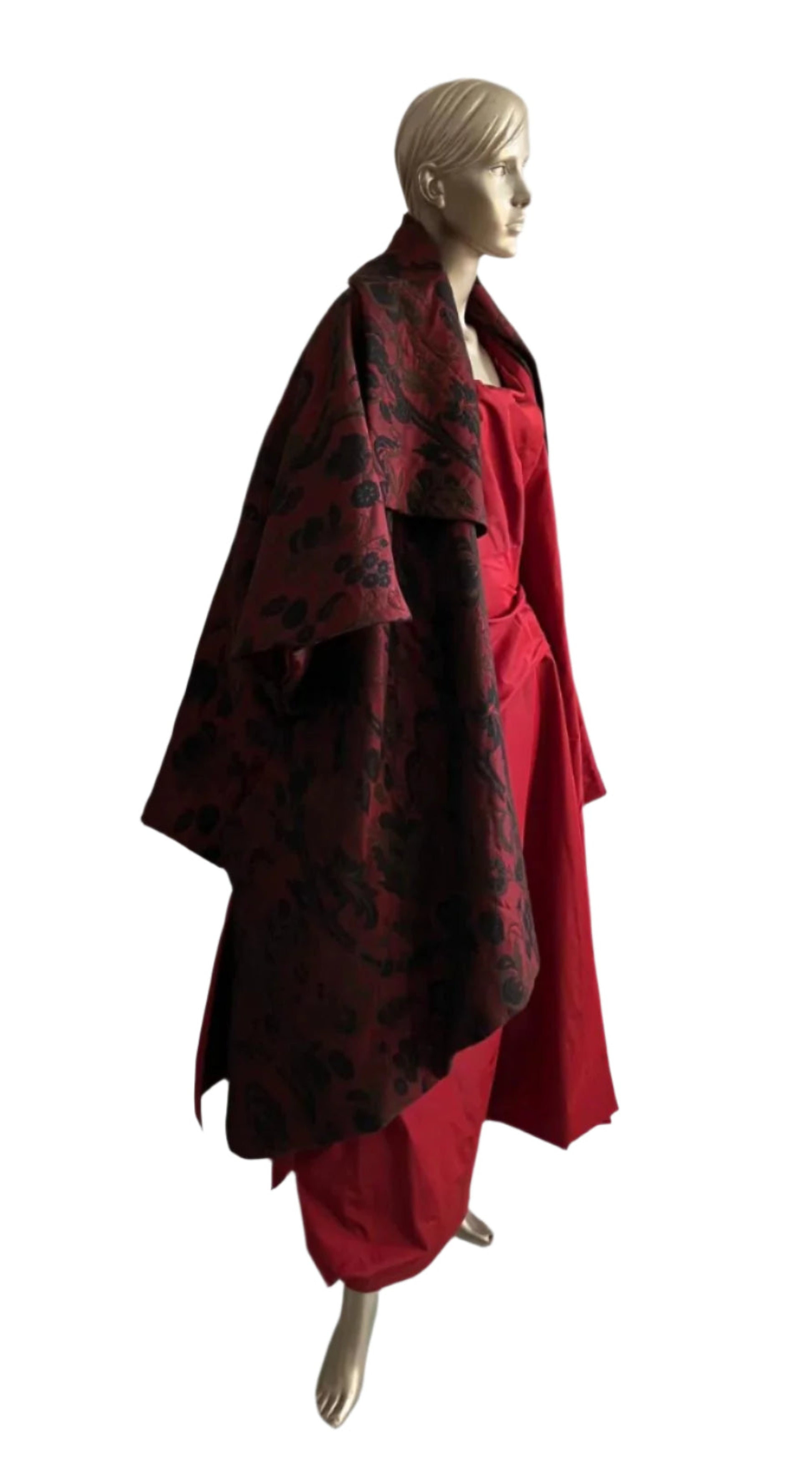 Kimono Style Couture Coat in red and black fabric. Silk Taffeta Lining 