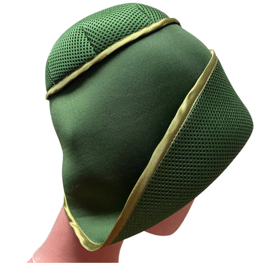 Handmade vintage-style,in bottle green  neoprene fabric,with structured brim and elegant trim, perfect for classic and timeless fashion.