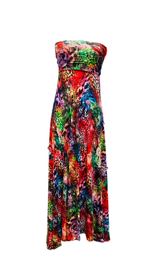 Long Skirt ,Strapless Dress in Multi  colour Jersey 