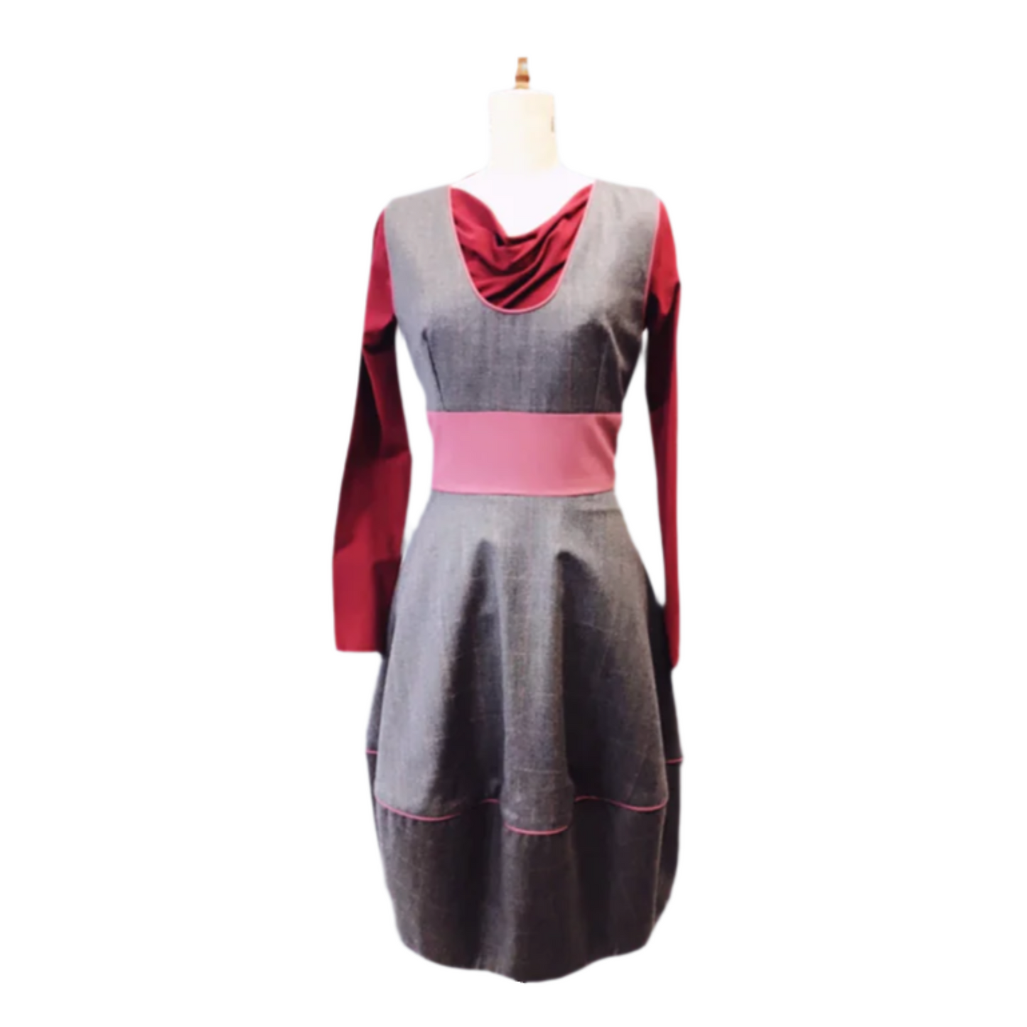 Pinafore Dress in Check Gray / Pink Wool,Bubble Style Work Dress 