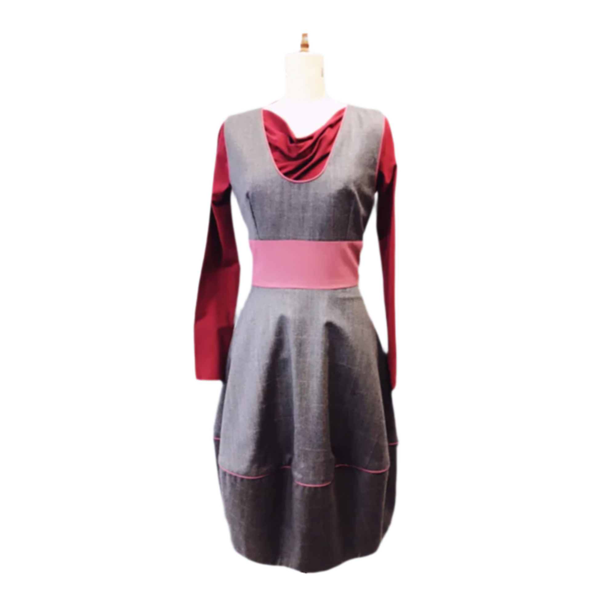 Pinafore Dress in Check Gray / Pink Wool,Bubble Style Work Dress 