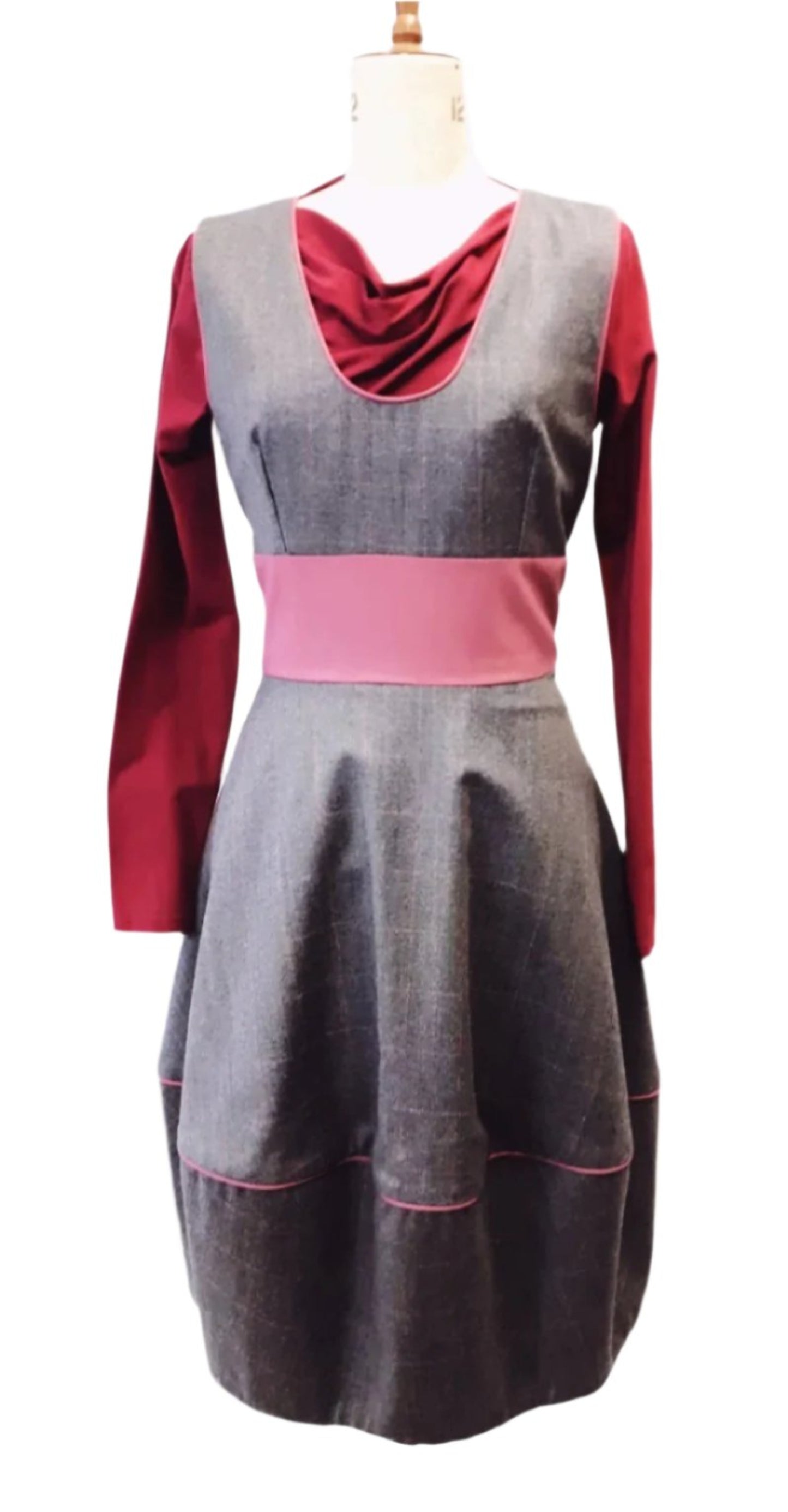 Pinafore Dress in Check Gray / Pink Wool,Bubble Style Work Dress 