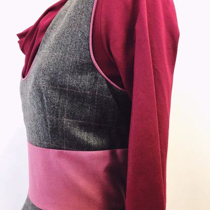 Pinafore Dress in Check Gray / Pink Wool,Bubble Style Work Dress 