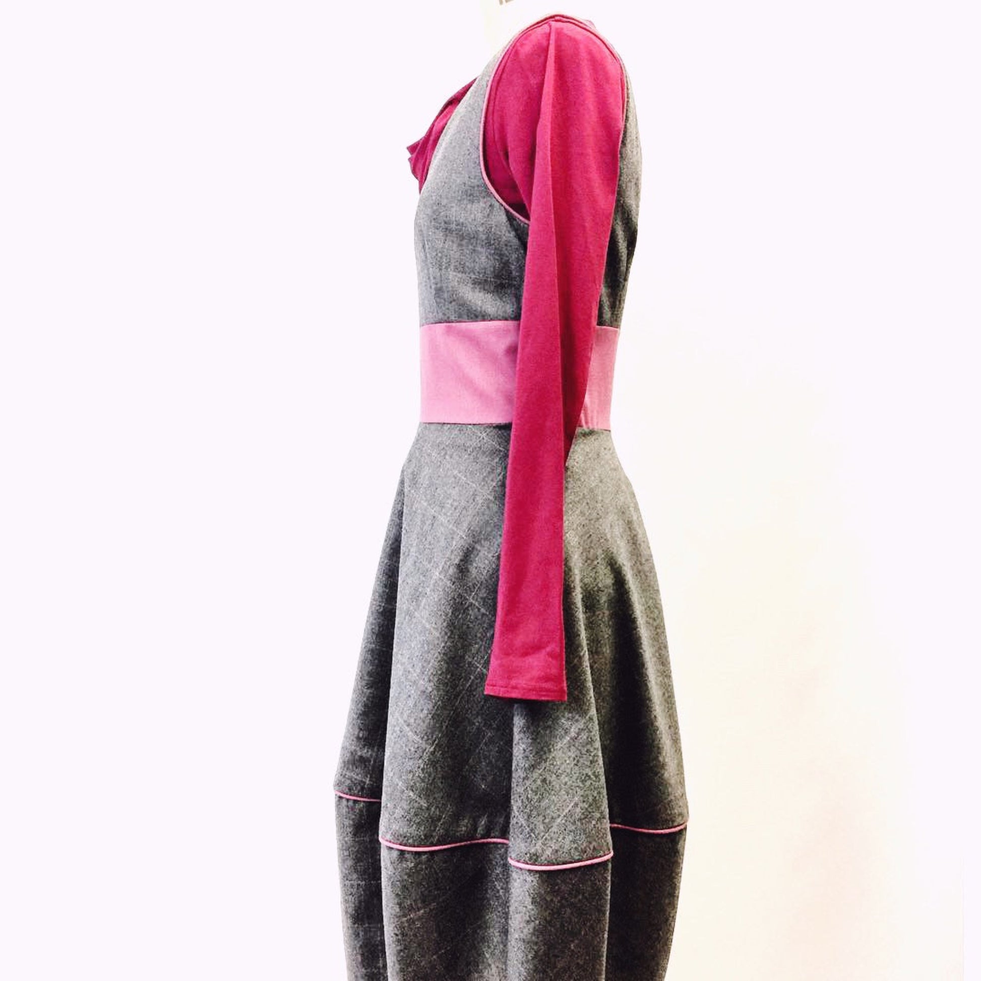 Pinafore Dress in Check Gray / Pink Wool,Bubble Style Work Dress 