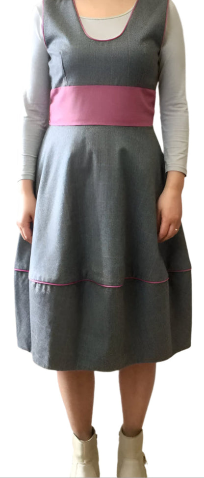 Pinafore Dress in Check Gray / Pink Wool,Bubble Style Work Dress 