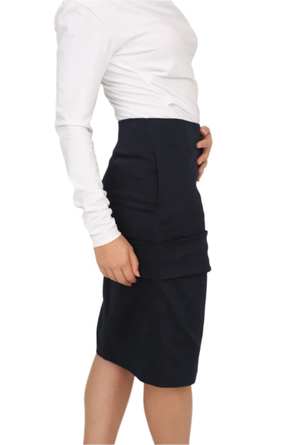 Navy Pencil Rouged Skirt with Pockets