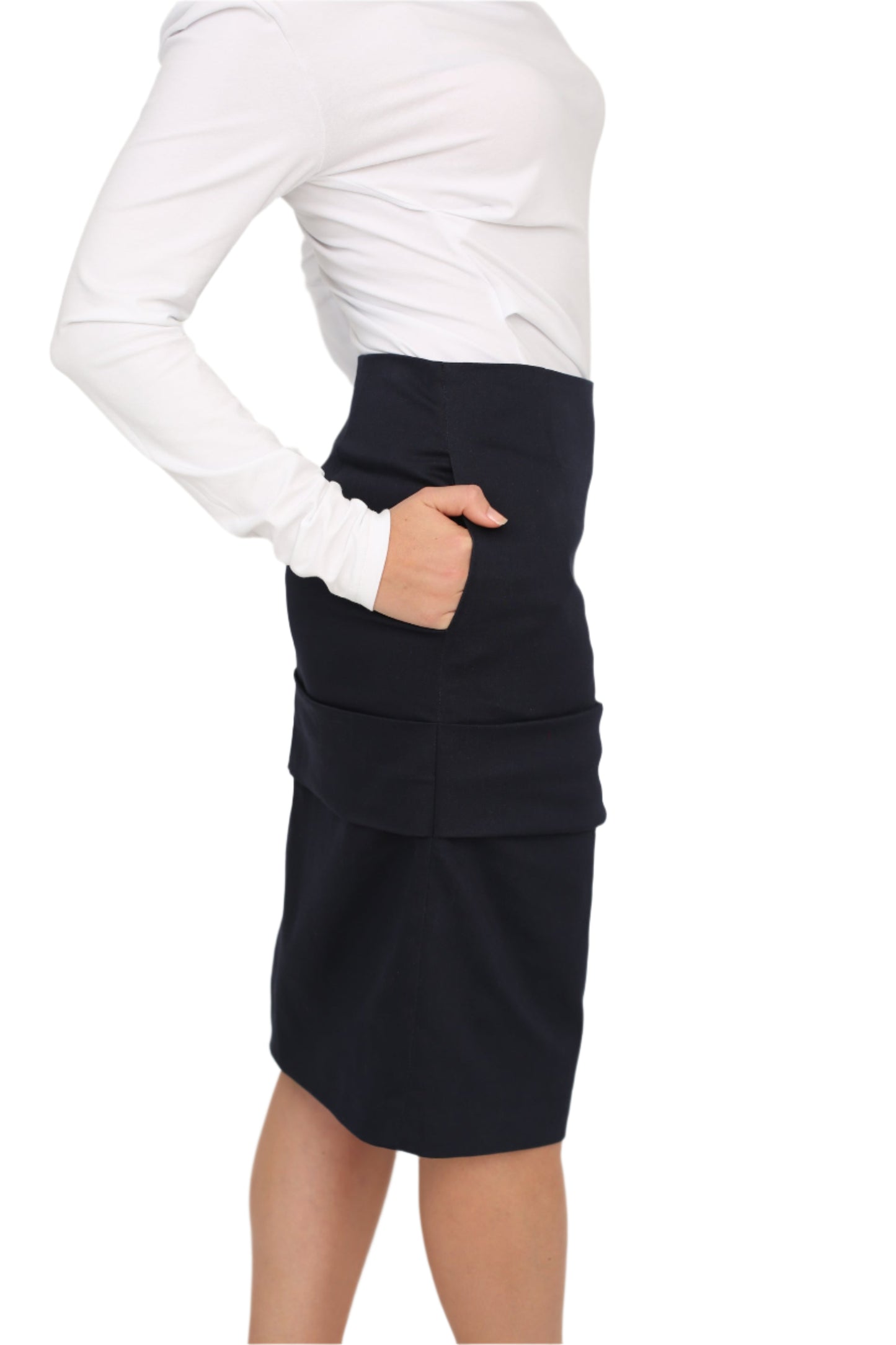 Pencil Rouged Skirt, Navy Skirt,office skirt 